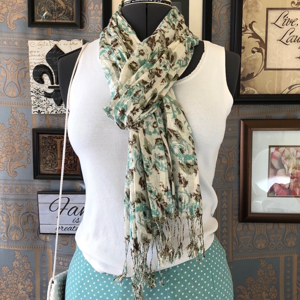 Teal ivory brown long scarf gold glint 76”
